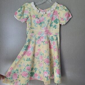 Vintage Rose Cottage Little Girls Floral Dress Yellow Pink Cabbage Rose Sz 8-10